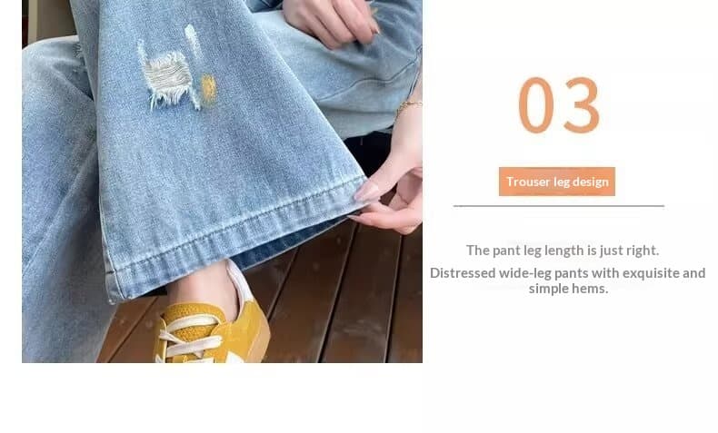 New Light-blue Distressed Wide-leg Jeans