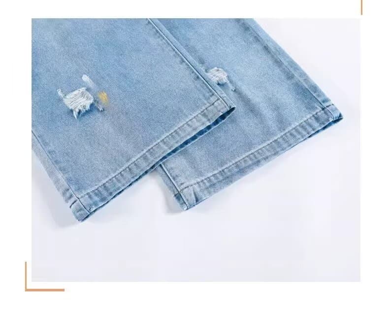 New Light-blue Distressed Wide-leg Jeans