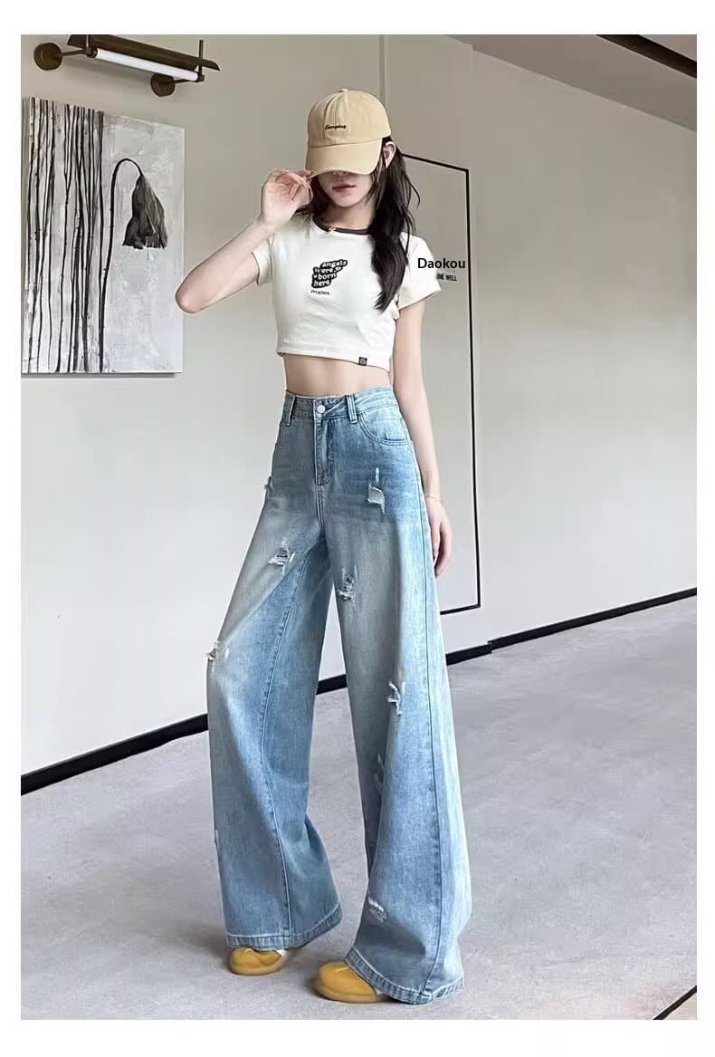 New Light-blue Distressed Wide-leg Jeans