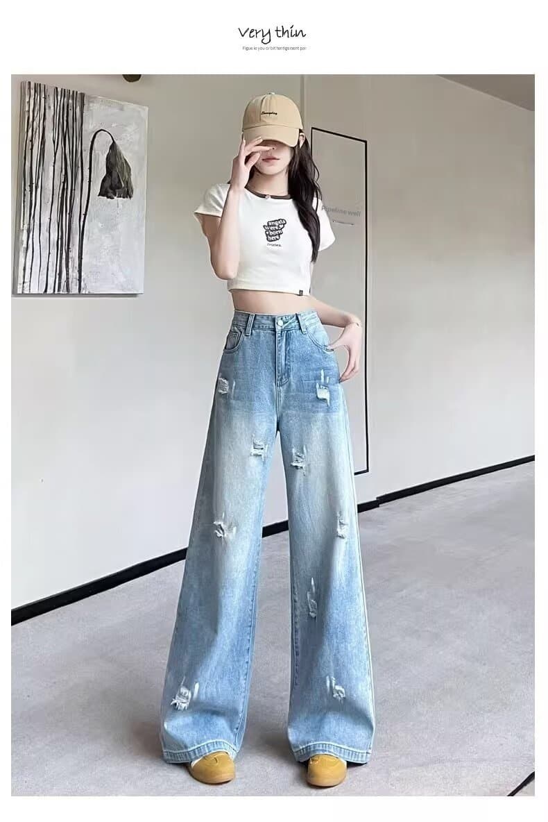 New Light-blue Distressed Wide-leg Jeans