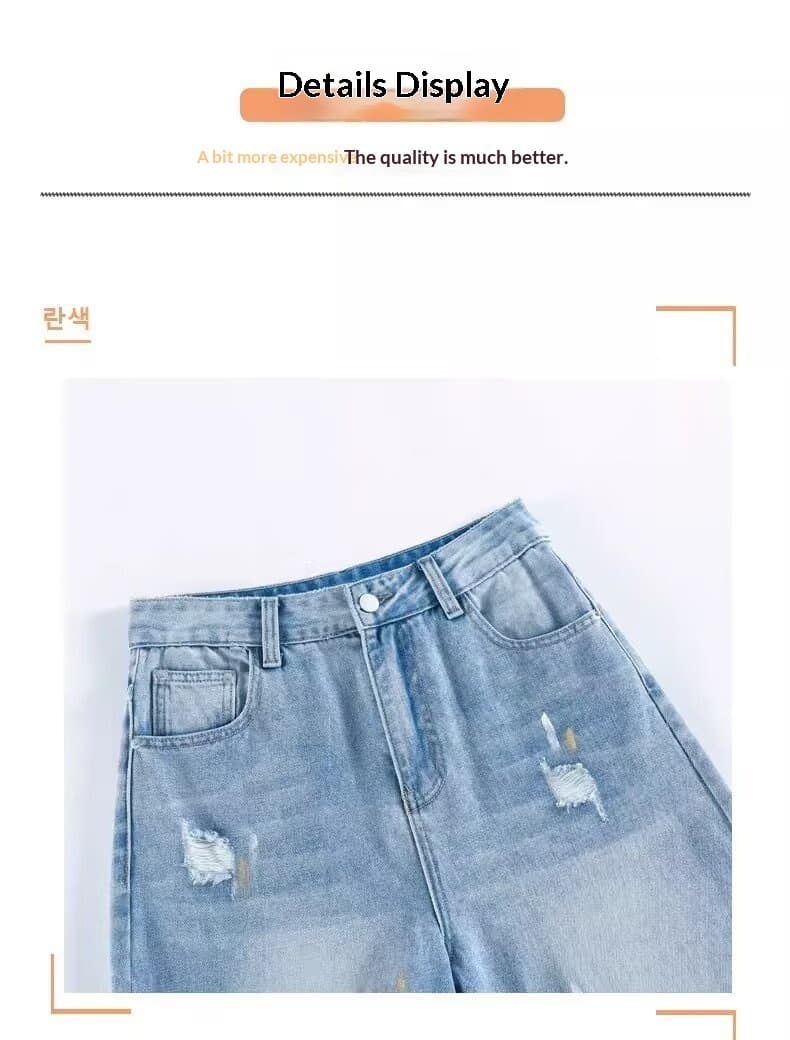 New Light-blue Distressed Wide-leg Jeans