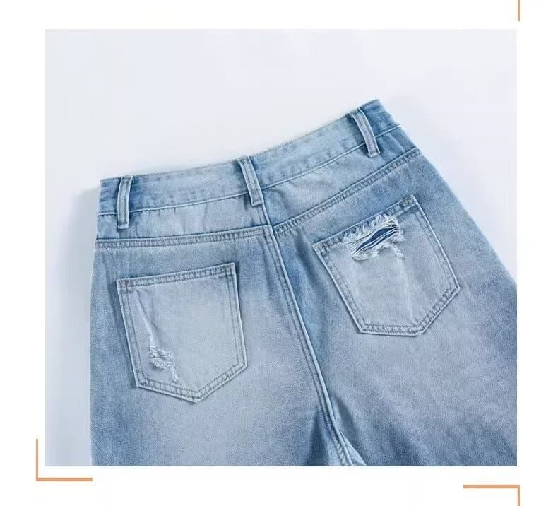 New Light-blue Distressed Wide-leg Jeans