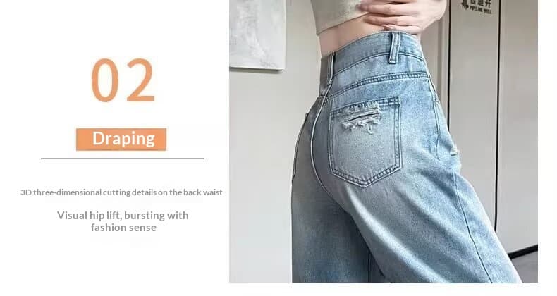 New Light-blue Distressed Wide-leg Jeans