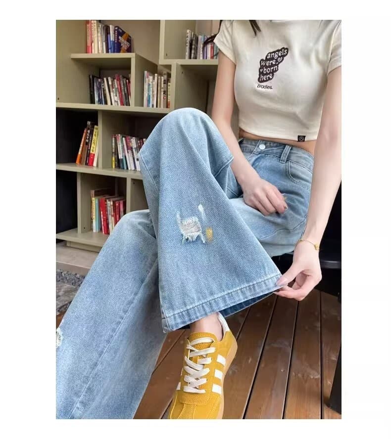 New Light-blue Distressed Wide-leg Jeans