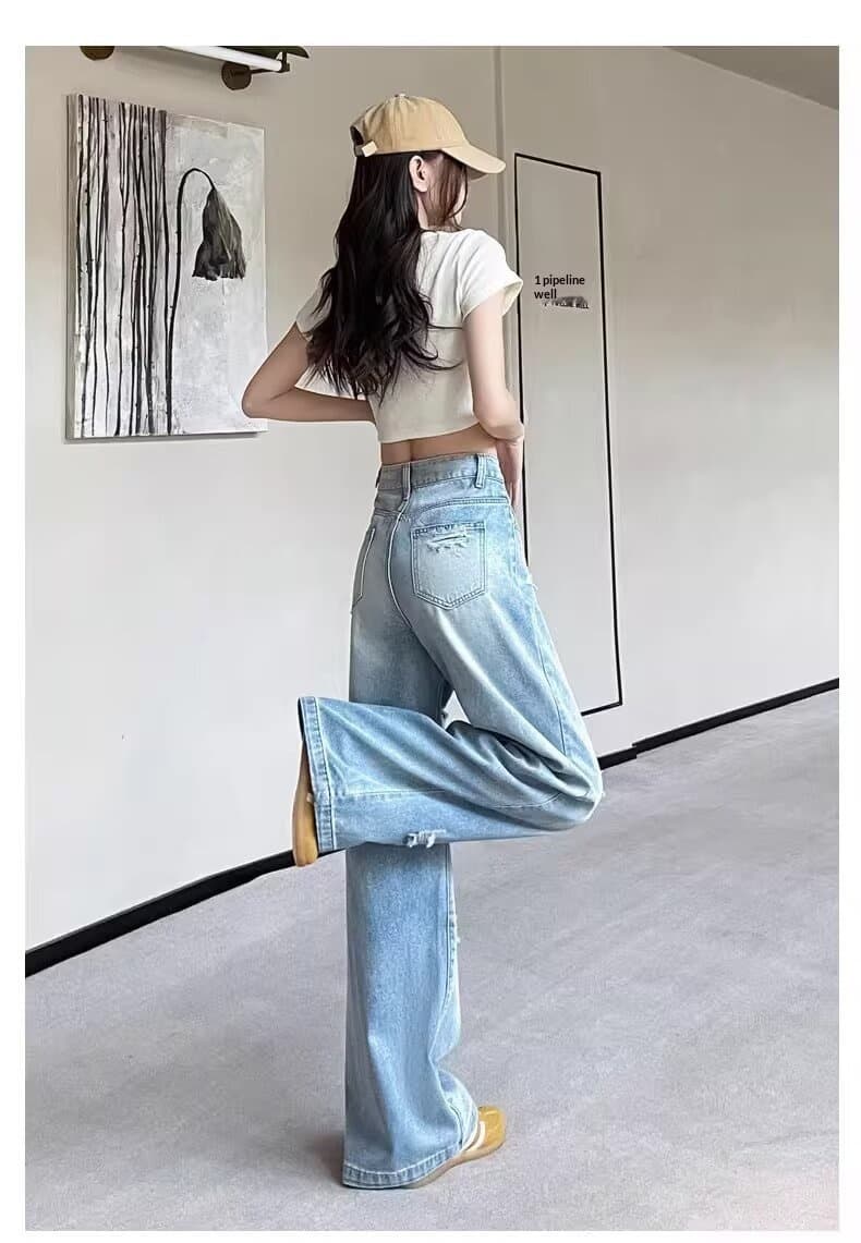 New Light-blue Distressed Wide-leg Jeans