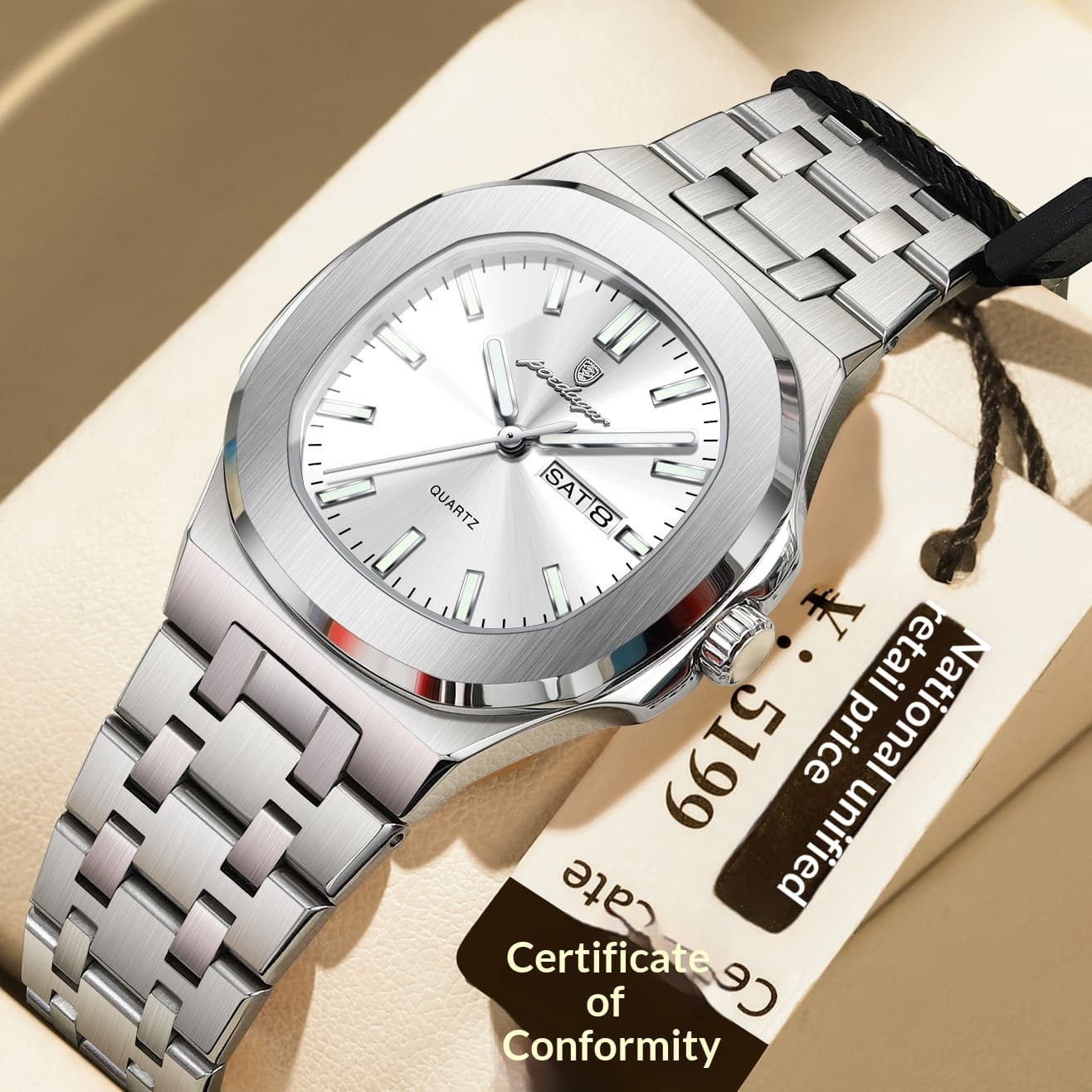 Ultra-thin Watch With Waterproof And Luminous Features — Silver Case White Noodles