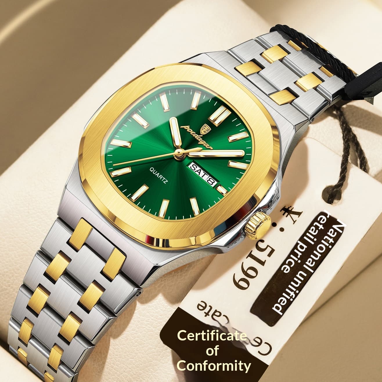 Ultra-thin Watch With Waterproof And Luminous Features — Golden Green Surface