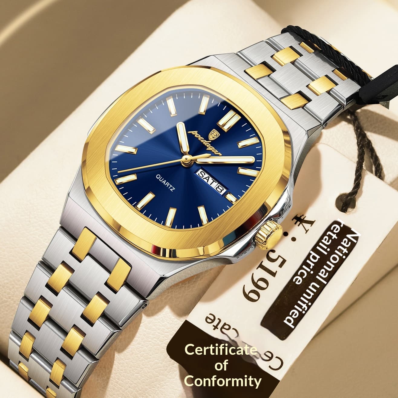 Ultra-thin Watch With Waterproof And Luminous Features — Golden And Blue Surface
