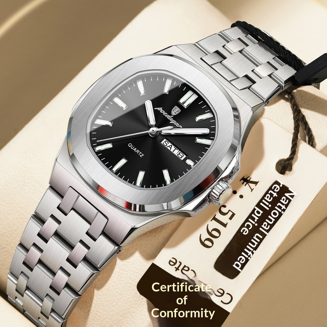 Ultra-thin Watch With Waterproof And Luminous Features — Silver Case Black Noodles
