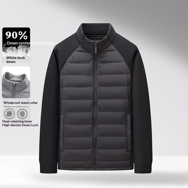Mens Stand-Up Collar Patchwork Lightweight & Warm Down Jacket — Black-2XL