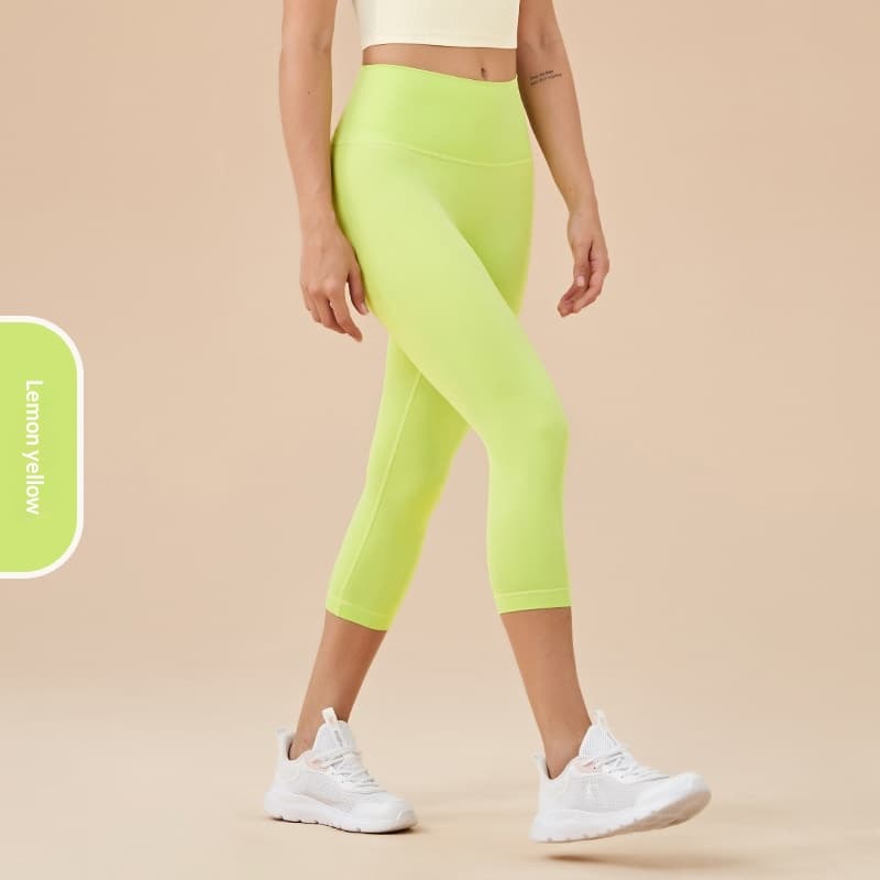 Women's Solid-Colored High-Waist Cropped Sports Fitness Pants — Lemon Yellow-L