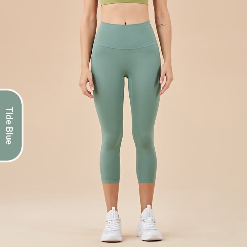 Women's Solid-Colored High-Waist Cropped Sports Fitness Pants — Tide Blue-XL