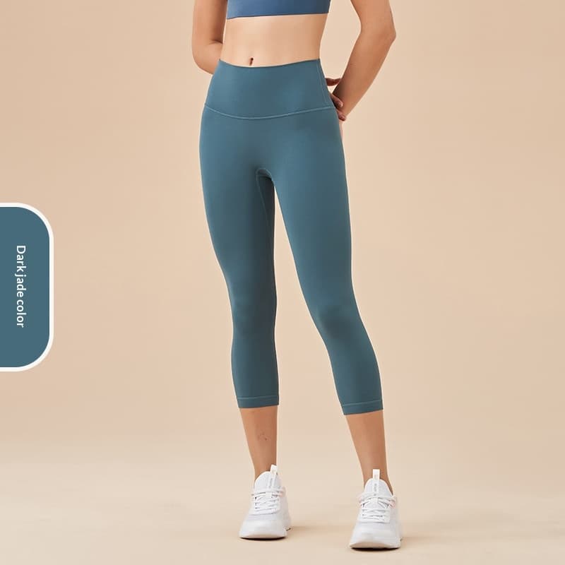 Women's Solid-Colored High-Waist Cropped Sports Fitness Pants — Dark Jade-XL