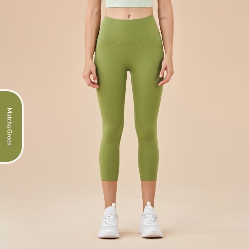 Women's Solid-Colored High-Waist Cropped Sports Fitness Pants — Matcha Green-L