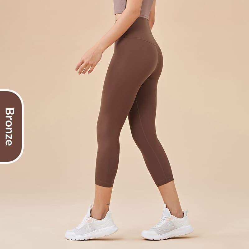 Women's Solid-Colored High-Waist Cropped Sports Fitness Pants — Bronze-M