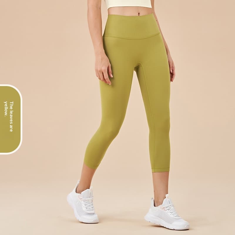 Women's Solid-Colored High-Waist Cropped Sports Fitness Pants — Leaves Yellow-M
