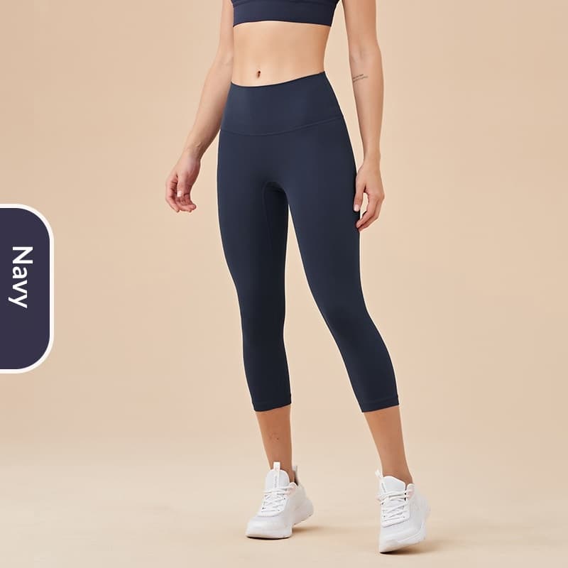 Women's Solid-Colored High-Waist Cropped Sports Fitness Pants — Navy Blue-XL
