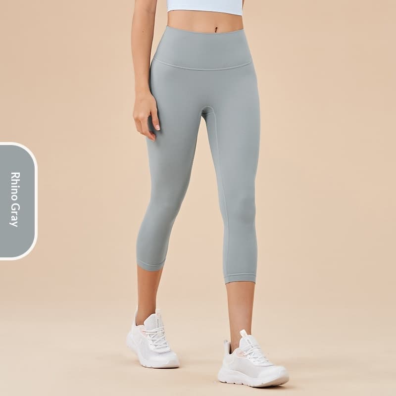 Women's Solid-Colored High-Waist Cropped Sports Fitness Pants — Rhino Gray-M