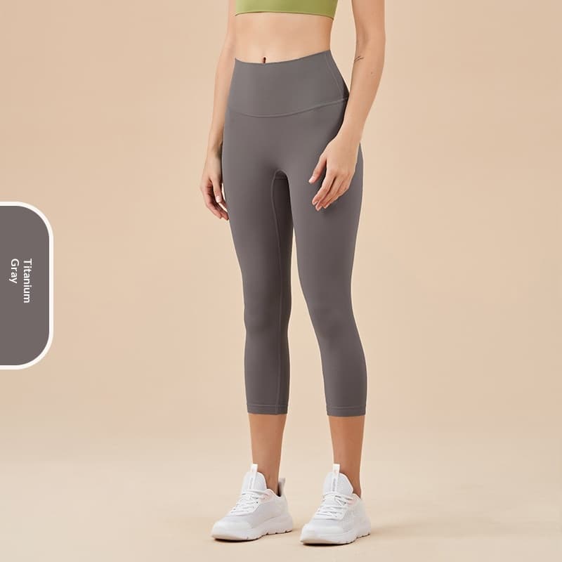 Women's Solid-Colored High-Waist Cropped Sports Fitness Pants — Titanium Gray-XL