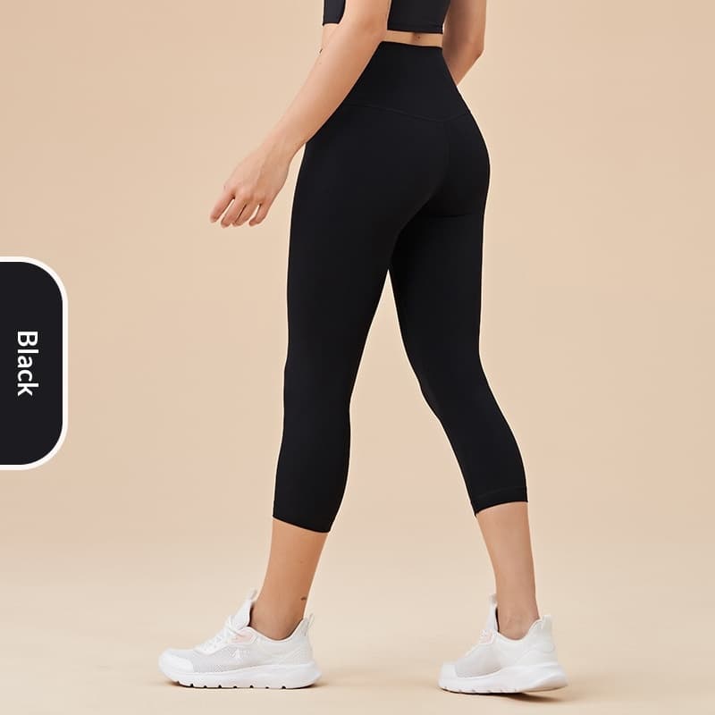 Women's Solid-Colored High-Waist Cropped Sports Fitness Pants — Black-L