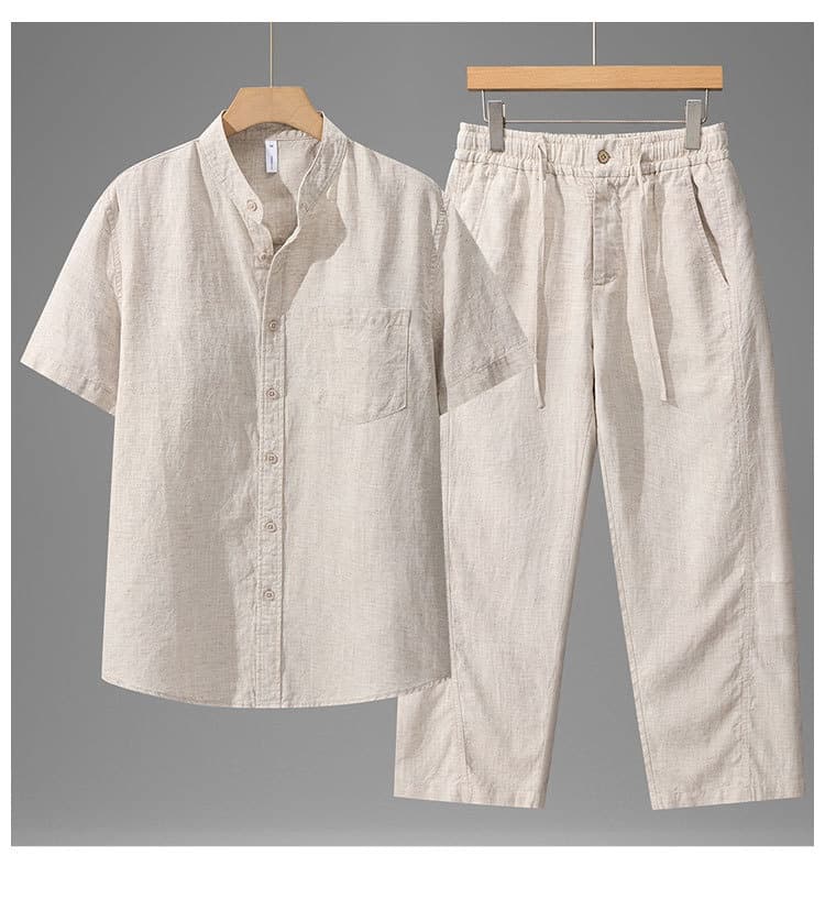 Tencel Linen Shirt Mens Short-sleeve Shirt And Linen Trousers Set