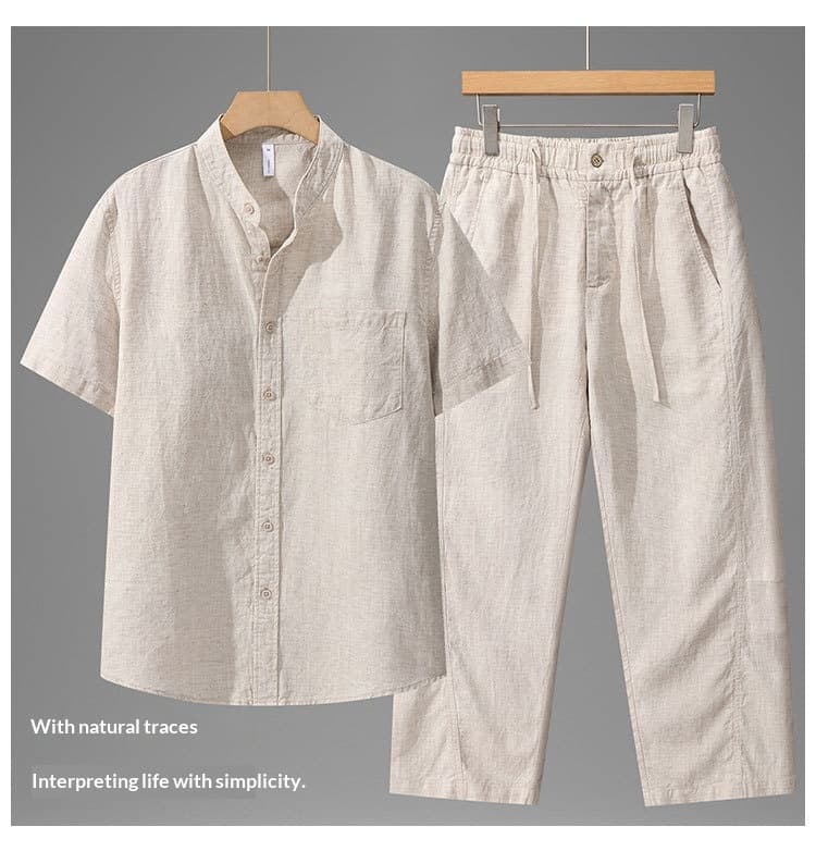 Tencel Linen Shirt Mens Short-sleeve Shirt And Linen Trousers Set