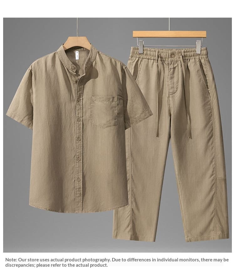 Tencel Linen Shirt Mens Short-sleeve Shirt And Linen Trousers Set