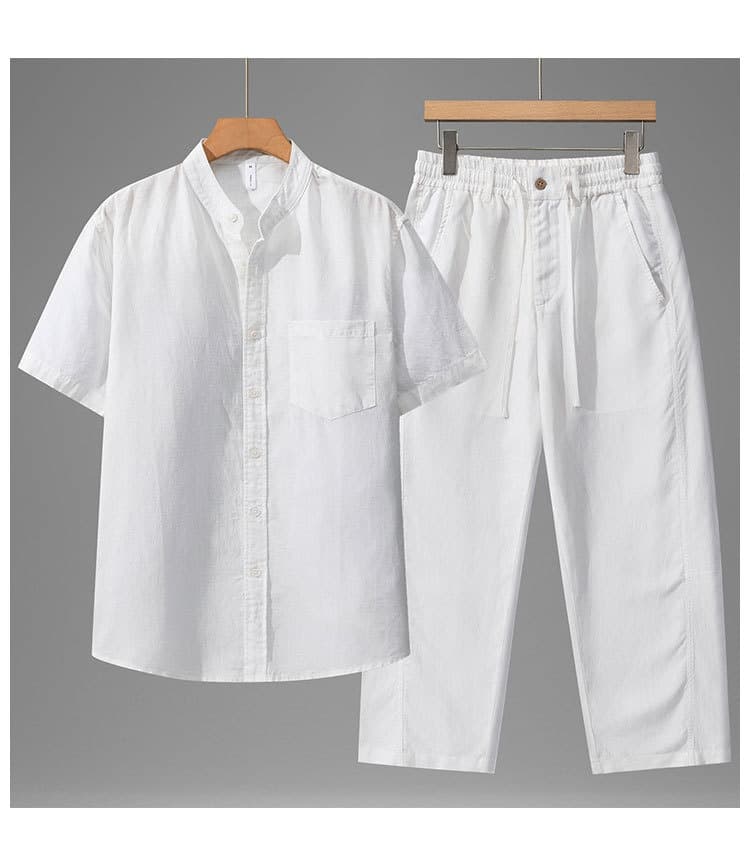 Tencel Linen Shirt Mens Short-sleeve Shirt And Linen Trousers Set