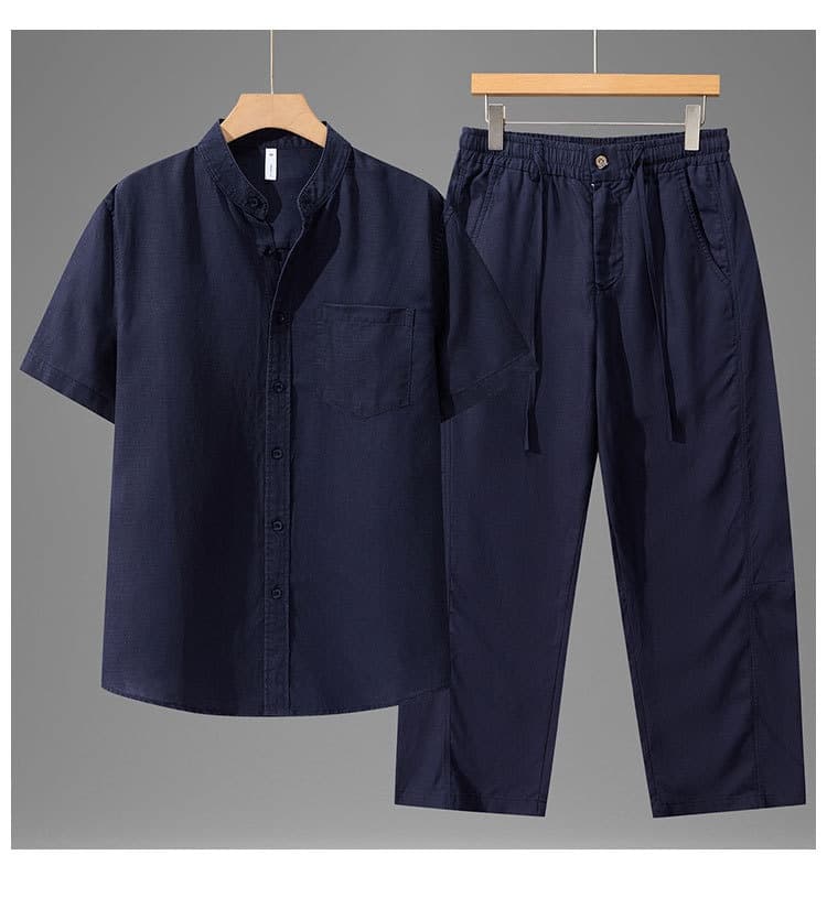 Tencel Linen Shirt Mens Short-sleeve Shirt And Linen Trousers Set