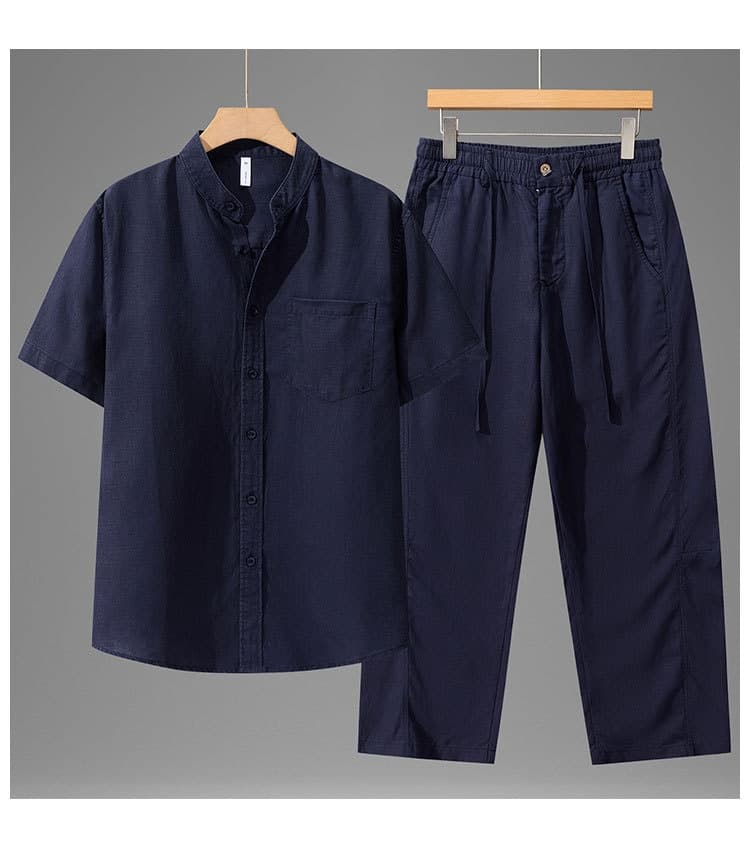 Tencel Linen Shirt Mens Short-sleeve Shirt And Linen Trousers Set