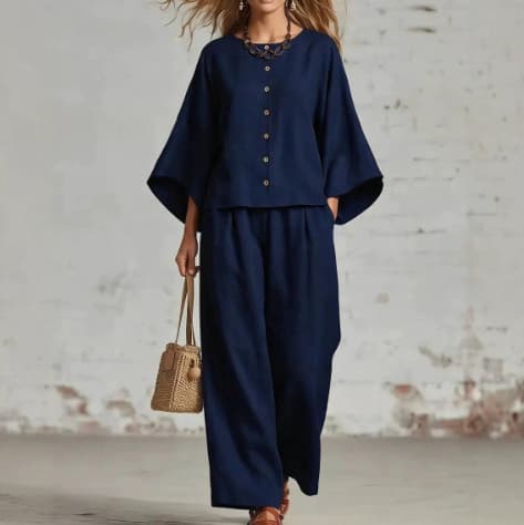 Round-neck Cardigan Three-quarter Sleeves Loose-fitting Casual Top Wide-leg Pants Set