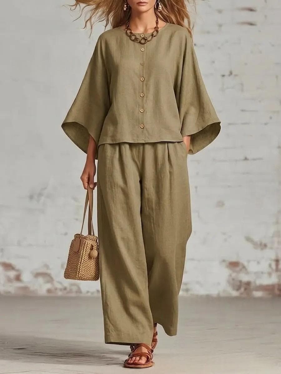 Round-neck Cardigan Three-quarter Sleeves Loose-fitting Casual Top Wide-leg Pants Set