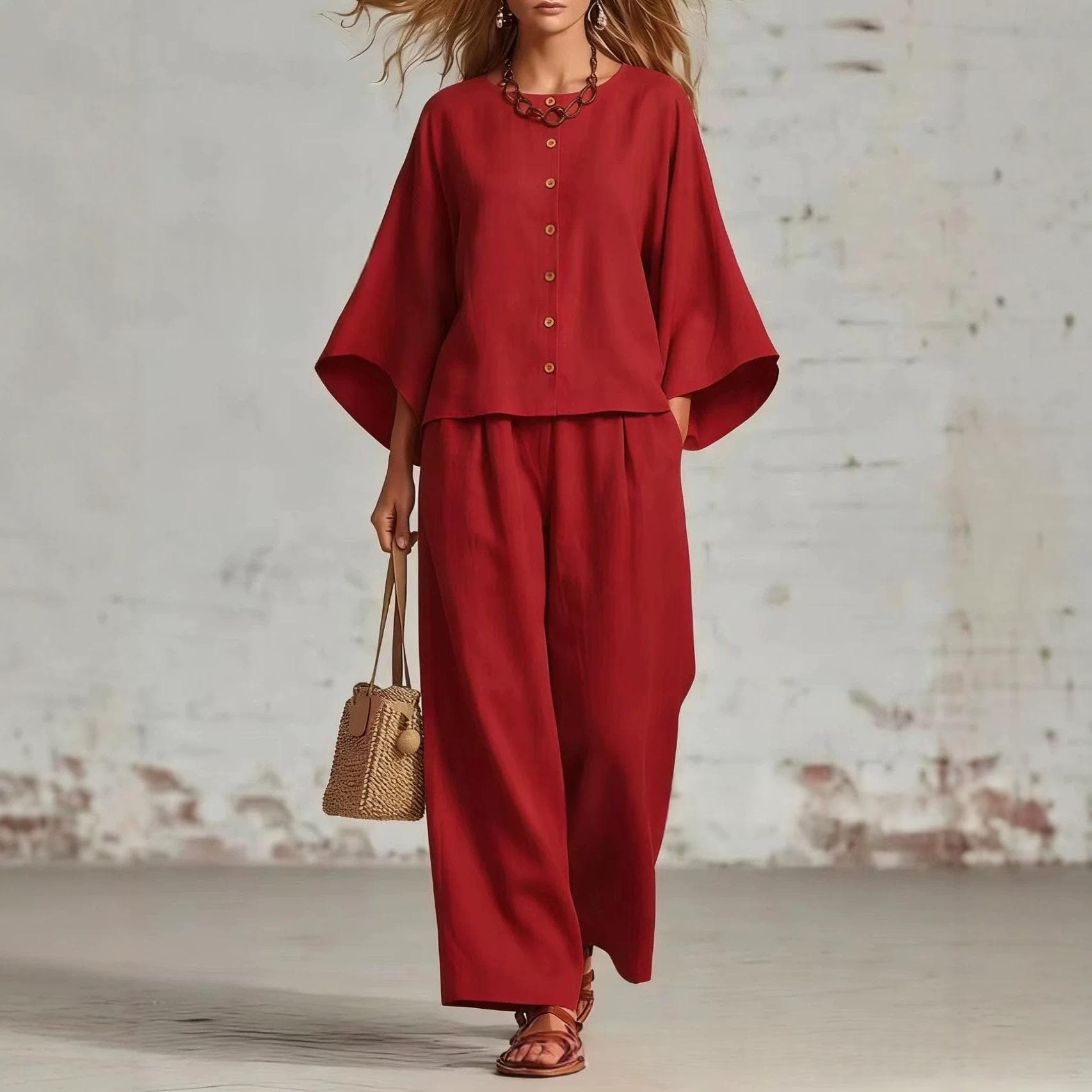 Round-neck Cardigan Three-quarter Sleeves Loose-fitting Casual Top Wide-leg Pants Set — TZFE266180000269-M