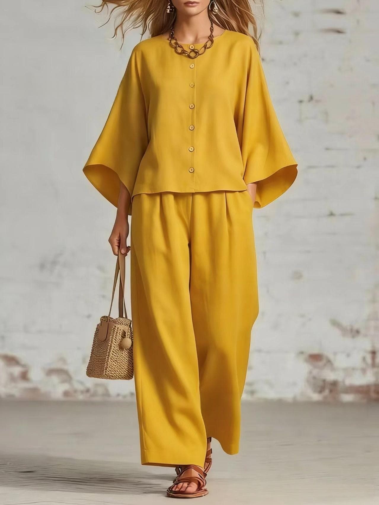 Round-neck Cardigan Three-quarter Sleeves Loose-fitting Casual Top Wide-leg Pants Set — TZFE266180000265-L