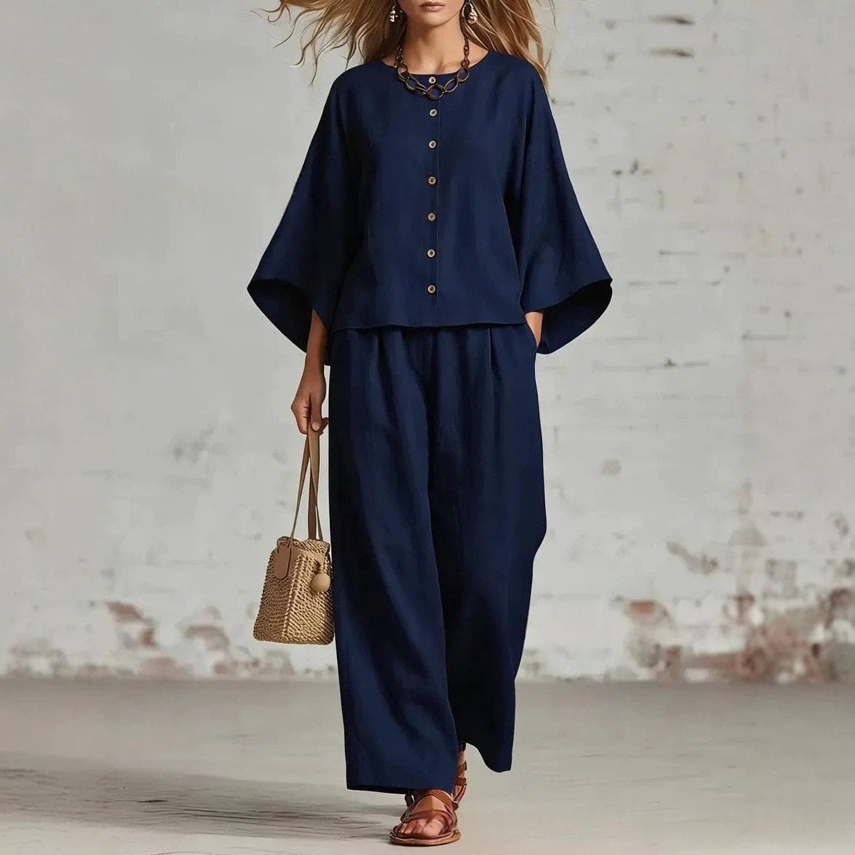 Round-neck Cardigan Three-quarter Sleeves Loose-fitting Casual Top Wide-leg Pants Set — TZFE266180000268-L
