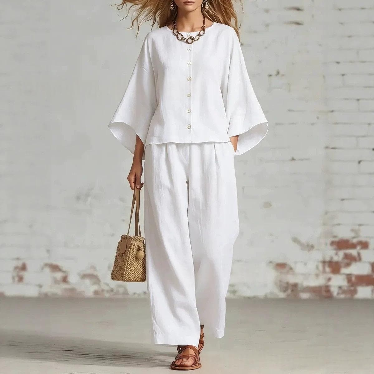 Round-neck Cardigan Three-quarter Sleeves Loose-fitting Casual Top Wide-leg Pants Set