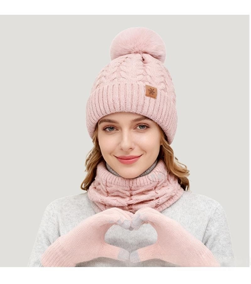 Three-Piece Set New FallWinter Womens Warm Knitted Hat