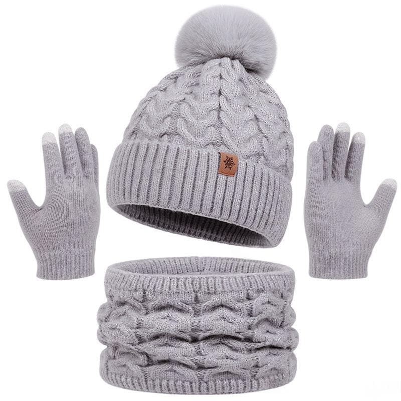 Three-Piece Set New FallWinter Womens Warm Knitted Hat — Gray