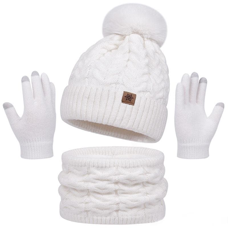 Three-Piece Set New FallWinter Womens Warm Knitted Hat — Milky White