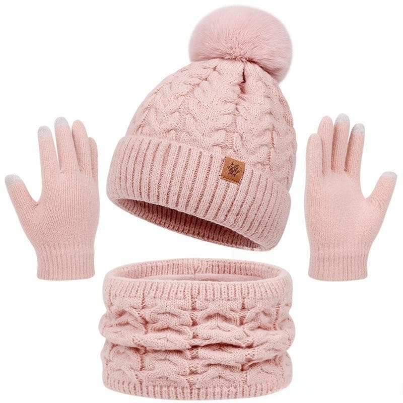 Three-Piece Set New FallWinter Womens Warm Knitted Hat — Pink
