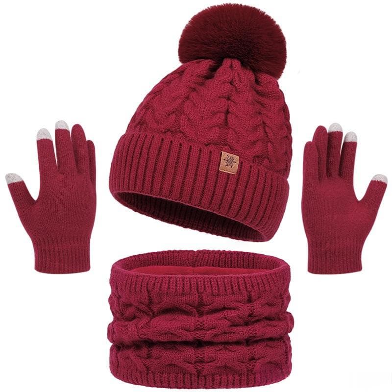 Three-Piece Set New FallWinter Womens Warm Knitted Hat — Wine Red