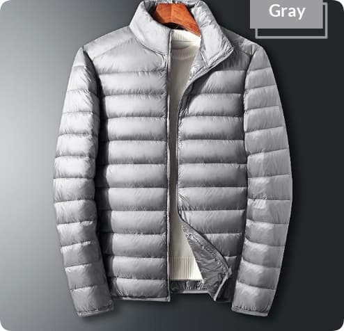 Trendy Hooded Padded White Duck Down Mens Coat — Gray-L-Standing collar