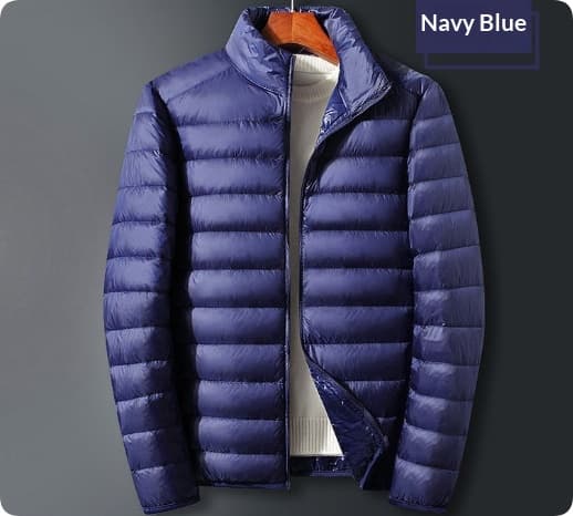 Trendy Hooded Padded White Duck Down Mens Coat — Navy Blue-M-Standing collar