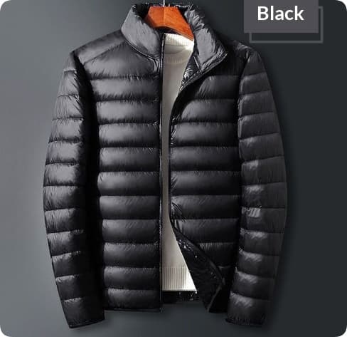 Trendy Hooded Padded White Duck Down Mens Coat — Black-L-Standing collar