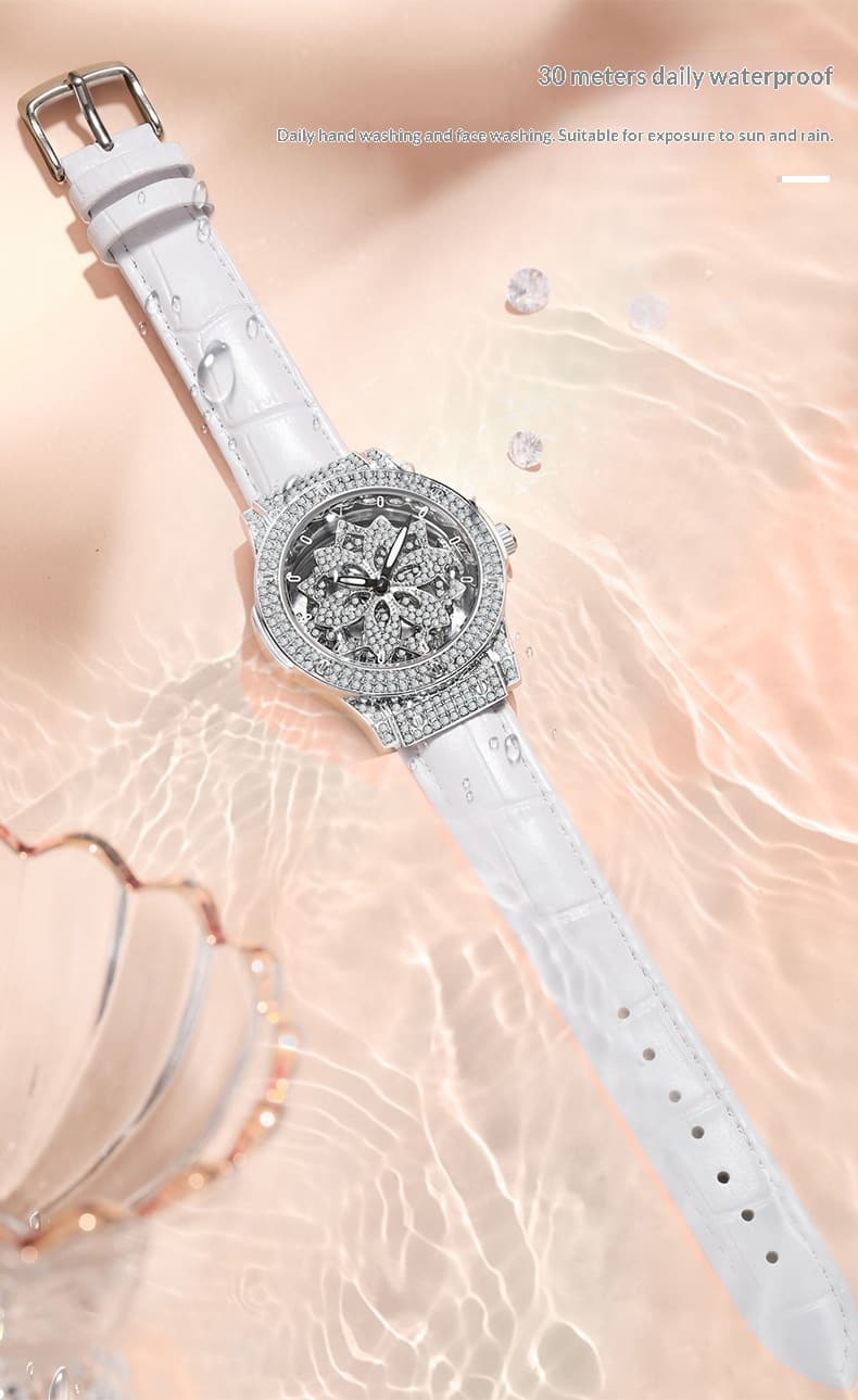 Large-dial Waterproof Hollowed-out Womens Watch With A Snowflake Motif That Rotates — Silver