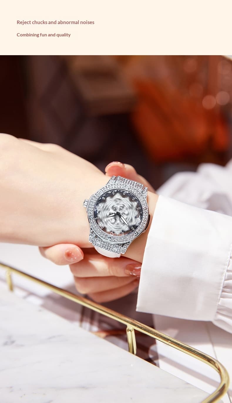 Large-dial Waterproof Hollowed-out Womens Watch With A Snowflake Motif That Rotates — Silver