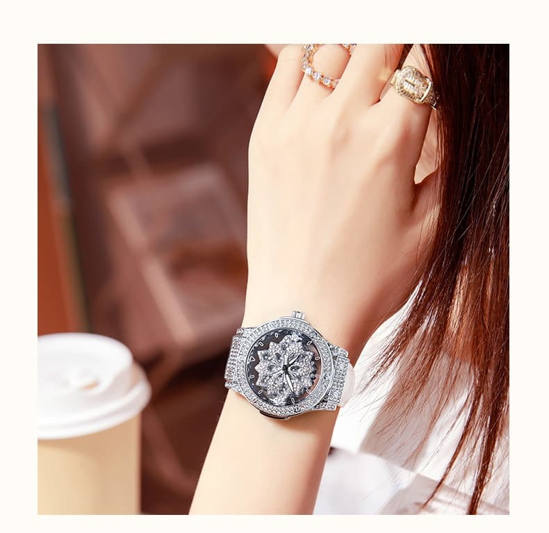 Large-dial Waterproof Hollowed-out Womens Watch With A Snowflake Motif That Rotates — Silver