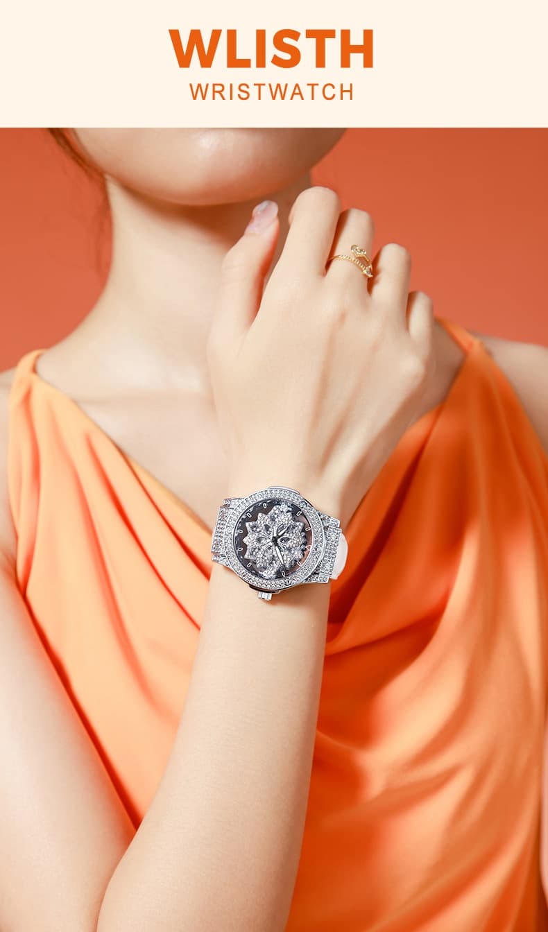Large-dial Waterproof Hollowed-out Womens Watch With A Snowflake Motif That Rotates — Silver
