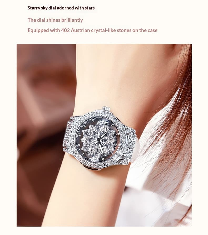 Large-dial Waterproof Hollowed-out Womens Watch With A Snowflake Motif That Rotates — Silver