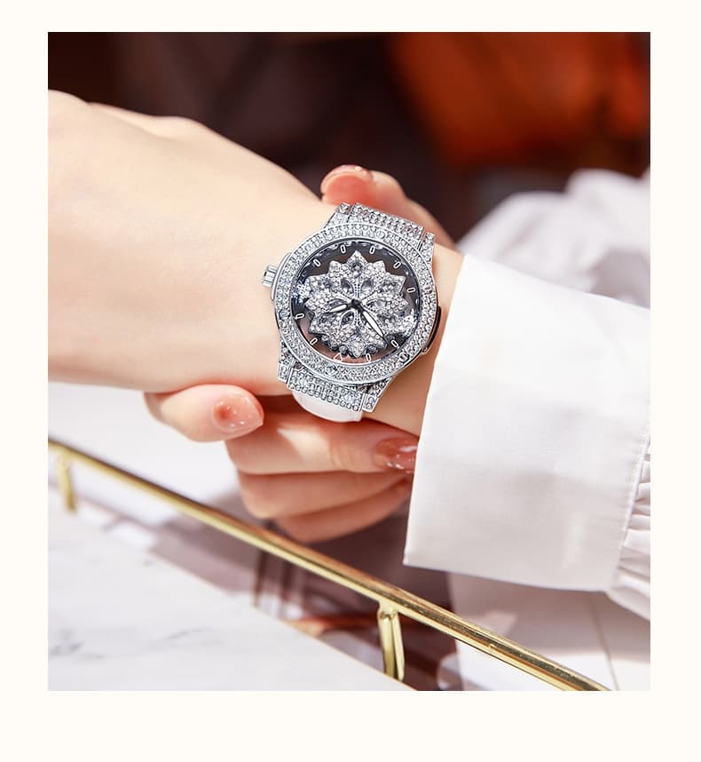 Large-dial Waterproof Hollowed-out Womens Watch With A Snowflake Motif That Rotates — Silver
